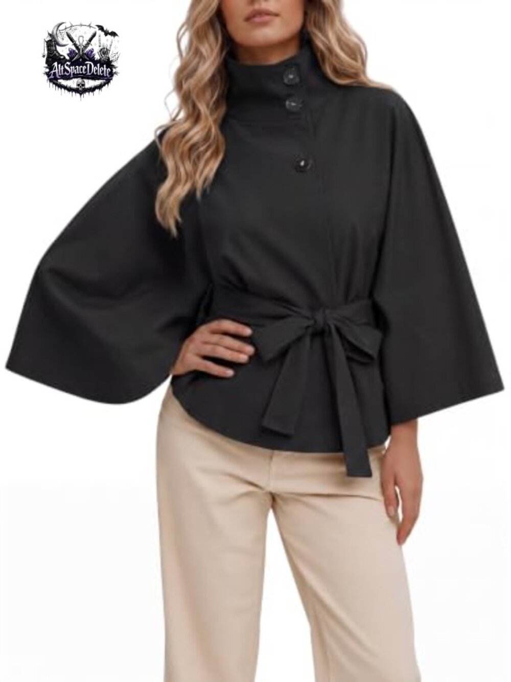 Cropped Trench Coat Cape Sleeve Stand Collar Belted Jacket